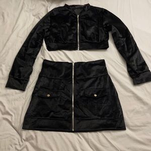 Black velvet crop jacket & mini skirt outfit